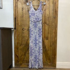 Kenar blue and white geometric maxi dress